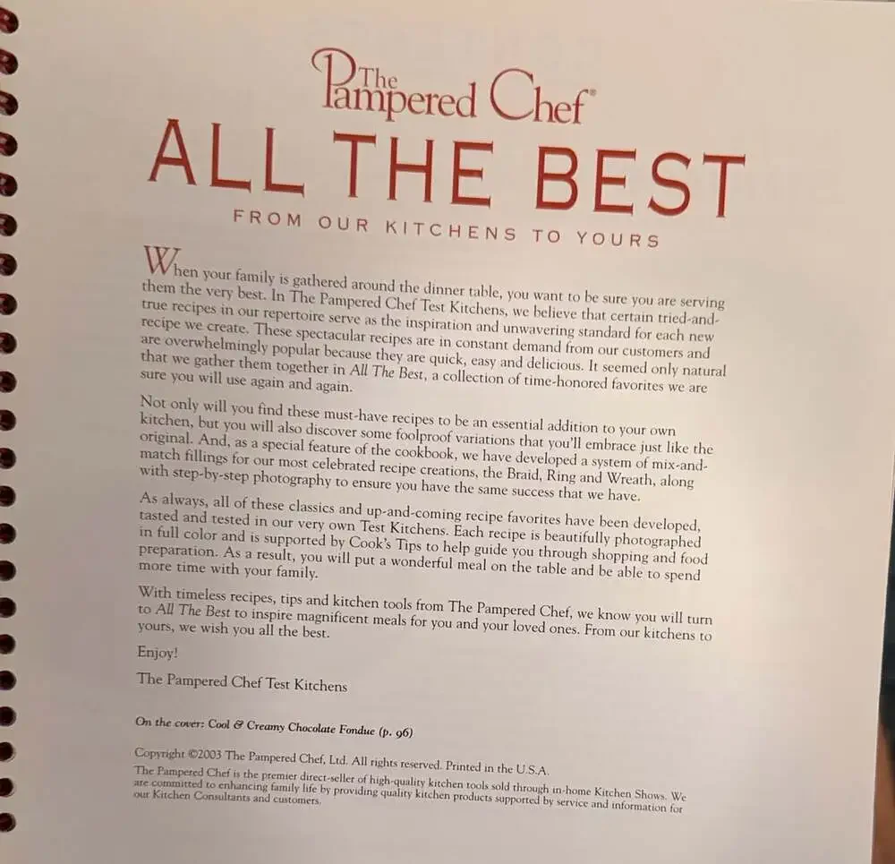 Pampered Chef All The Best Cookbook 2003 Spiral Bound Recipe Book